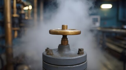 Fototapeta premium Industrial steam valve releasing vapor in a mechanical room