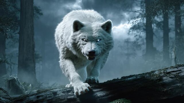 Ferocious White Wolf in Dark Forest Thunderstorm
