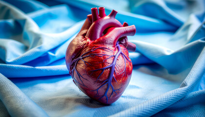 Anatomically correct human heart on sterile blue surgical cloth, ultra-realistic macro, 2026