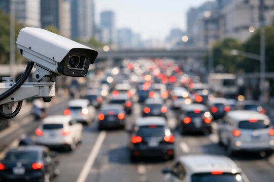 Surveillance Camera Overseeing Busy City Traffic