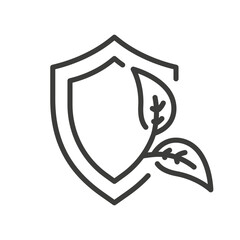 save plant icon, bio protection logo, shield with leaf, environment or ecology protect, thin line vector art