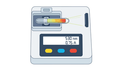 Illustration of a laboratory device with a digital display and colored buttons on a white background.