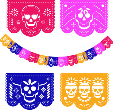 Traditional papel picado decorations with skull motifs inspired by Day of the Dead. Colorful Mexican folk art banners perfect for festivals, celebrations and cultural designs.