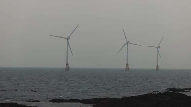 Jeju Island, Jeju-Do, South Korea,  Sinchang Windmill Coastal Road landscape, line of wind mills power generators along the coast, offshore wind farm energy turbines, aerial drone view, green energy