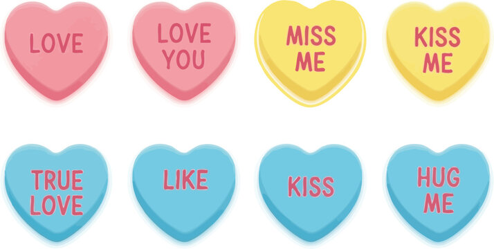 Eight colorful heart shaped candy conversation hearts with romantic messages isolated on transparent background