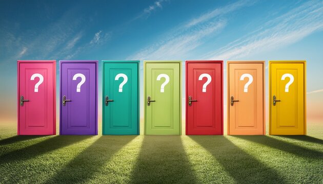 colorful doors with question marks representing the challenging decision making process of choosing the right career path amid uncertainties and fears of missing better options