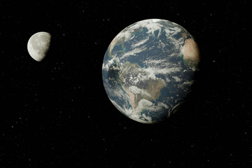 Earth anRealistic view of planet Earth and the Moon in the vastness of outer space. Continents, clouds and the lunar surface can be seen on a starry black background. Digital art.d Moon in space. 