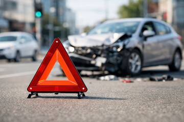 A damaged car in an accident scene with a warning triangle in the foreground, emphasizing road safety and caution.