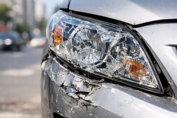 Close-up of a damaged headlight on a silver car after a minor traffic accident.