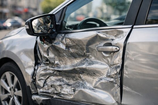 A damaged silver car with a severely dented side door reflecting the aftermath of an accident.