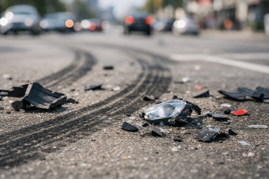Debris from a car accident on an urban street, showcasing a shattered headlight and tire marks, evoking a sense of urgency.