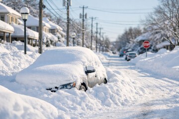 An abandoned car covered in snow on a quiet street, highlighting the beauty and challenges of a winter wonderland.