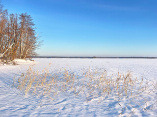 Russia, Chelyabinsk region. Lake Uvildy in cloudy January day