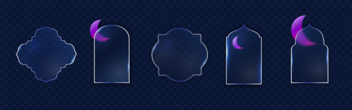 Glassmorphism Ramadan Window Frames with crescent moon elements , Islamic , Muslim architecture. Transparent frosted Glass shapes for banners, posters, web design and festive layouts