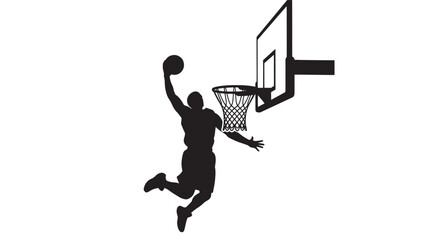 Obraz premium Basketball Player Dunking Silhouette in Dynamic Motion with High Contrast Lighting on Isolated White Background for Sports Illustration