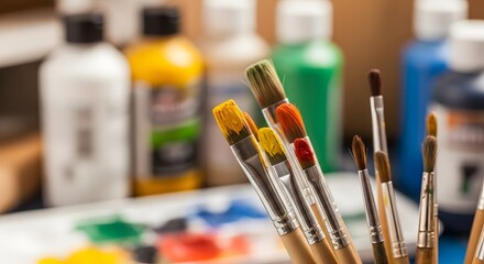 Fototapeta premium Assorted paint brushes with colorful paint and bottles in background supplies painting craft creativity
