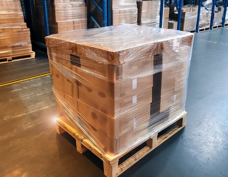 the warehouse pallet snugly covered with transparent shrink wrap film