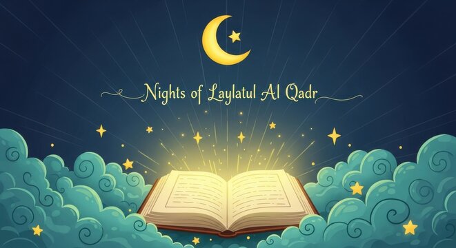 Magical Nights of Laylatul Al Qadr with glowing book under starry sky