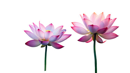 Pink lotus flowers blooming gracefully in soft natural light against white background