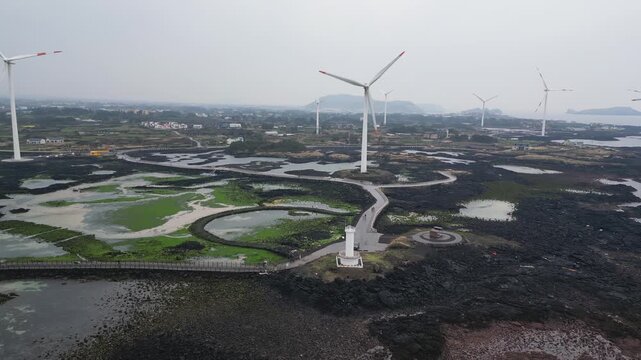 Jeju Island, Jeju-Do, South Korea,  Sinchang Windmill Coastal Road landscape, line of wind mills power generators along the coast, offshore wind farm energy turbines, aerial drone view, green energy