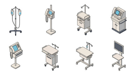 Isometric medical equipment carts monitors and vital signs devices © Anjumanara Rakhi