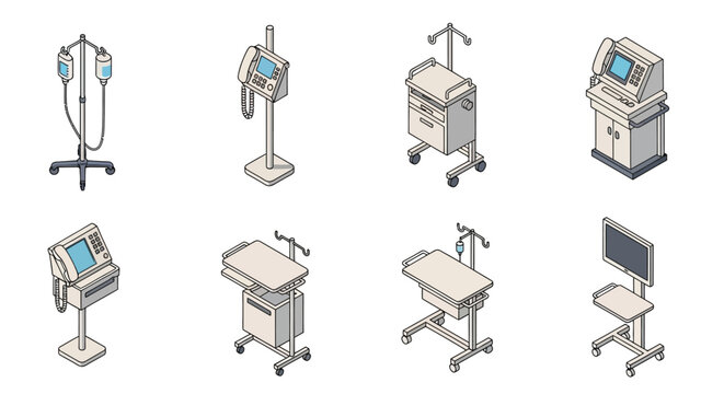 Isometric medical equipment carts monitors and vital signs devices