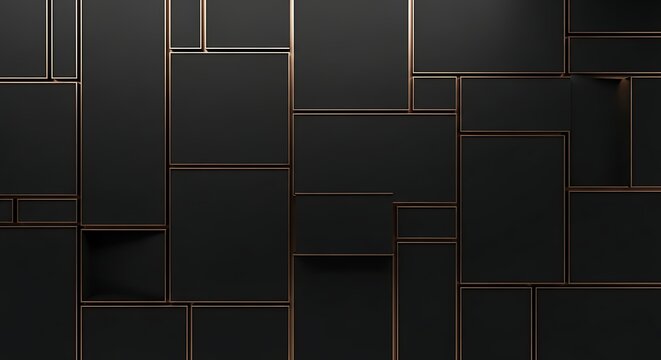 Modern black wall with gold trim and rectangular shapes and lines