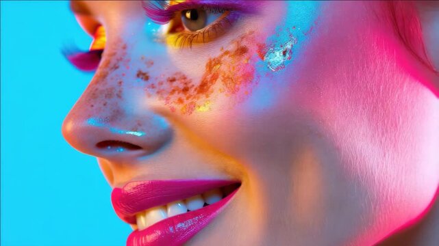 A close-up of a person's face with intricate and colorful makeup designs. The showcases the artistry involved in creating eye-catching patterns using vibrant colors.