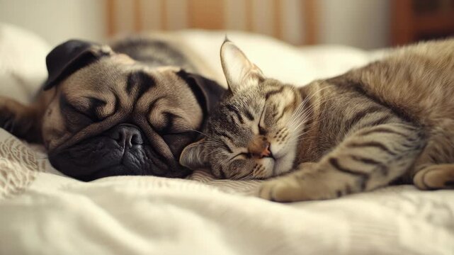 A serene featuring a cat and a dog peacefully sleeping next to each other on a soft surface, showcasing the harmony that can exist between different species despite their inherent differences.