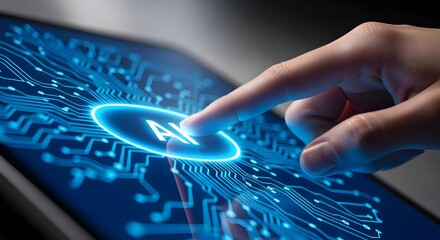 Finger pressing glowing blue A I button on digital circuit board screen artificial intelligence technology