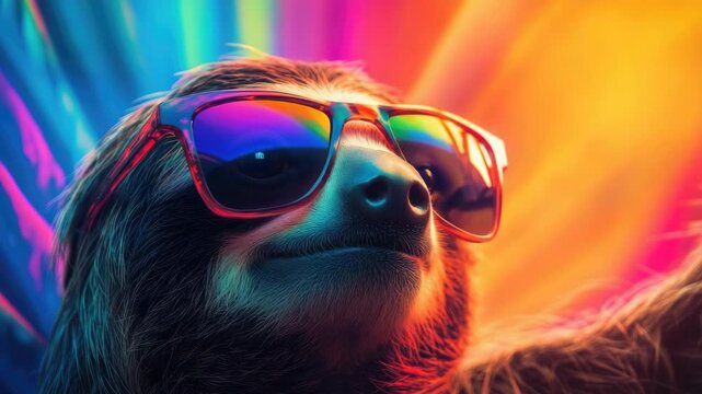 A sloth wearing sunglasses poses against a vibrant backdrop.