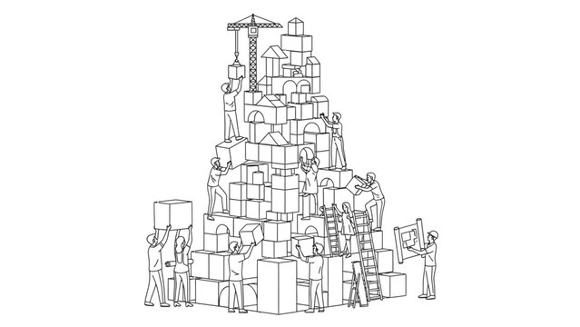 Line drawing of a large pyramid of boxes with people working and climbing on it in a simple, monochromatic style against a white background.