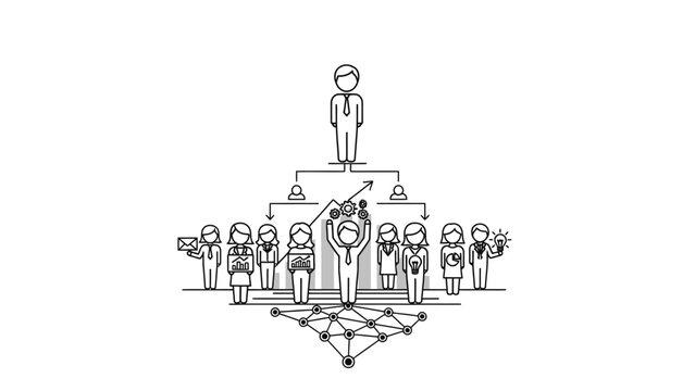Line drawing of a person standing on a pyramid with a crowd of people below, conveying social hierarchy and leadership.