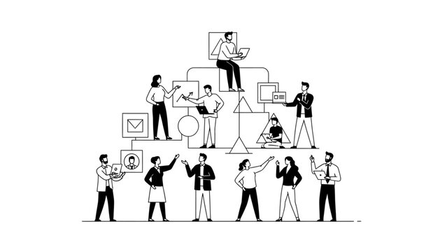 Black and white line drawing of business professionals engaging in various activities on a tiered pyramid structure with office supplies and technology, conveying a sense of organization