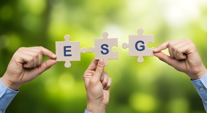 Hands holding puzzle pieces with letters E S and G forming the word ESG against a green blurred background