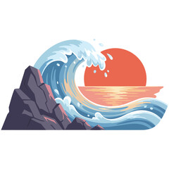 Dramatic crashing ocean wave against dark rocks and a setting sun, stylized vector illustration evoking coastal power and beauty © AdobeRokon