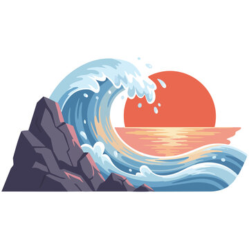 Dramatic crashing ocean wave against dark rocks and a setting sun, stylized vector illustration evoking coastal power and beauty