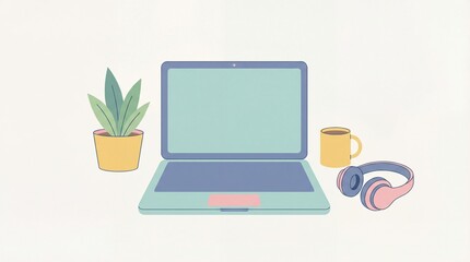 Fototapeta premium Laptop with plant mug and headphones on desk for remote work or study