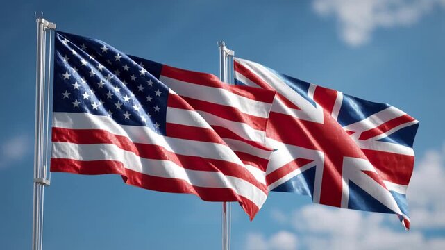 American and British flags waving together in blue sky