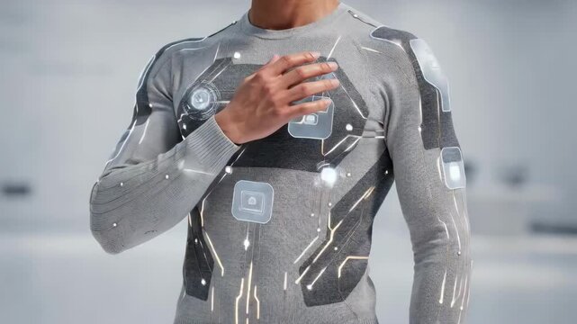 Medium shot of a wearable garment integrating smart sensor knit panels with conductive yarns detecting touch and pressure for interactive health monitoring.