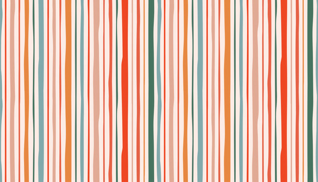 A seamless, organic vertical stripe pattern. Hand painted lines in warm orange, green, blue, and red create a bohemian, artistic striped background perfect for textiles or digital design.