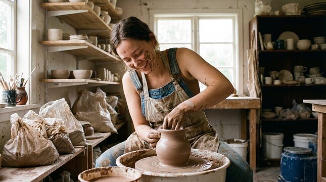 Happy Young Female Potter In Apron Working At Pottery Wheel Creating Clay Pot. Artisan Craftsmanship Ceramic Workshop. Creative Hobby Artist Making Handmade Earthenware. Muddy Hands