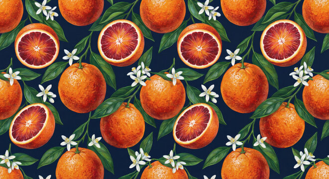 Seamless botanical pattern of realistic blood oranges and blossoms on dark navy background. Detailed citrus fruits, halved and whole, with lush green leaves for Mediterranean decor.
