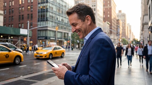 Smiling businessman using smartphone city street. Successful corporate executive holding mobile phone. Professional entrepreneur suit. Urban taxi background. Technology communication.