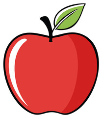 Fototapeta premium Bright Red Apple with Green Leaf and Stem Simple Clean Graphic Illustration
