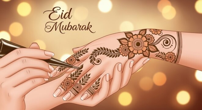Beautiful hands with henna tattoo for Eid Mubarak celebration