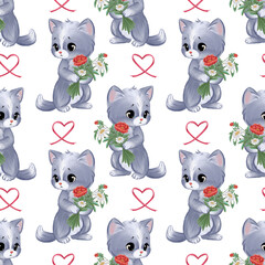 Fototapeta premium A seamless pattern of cute gray kittens holding bouquets of flowers with red hearts. Soft watercolor, hand-drawn in a childlike style. Perfect for fabric, gift wrapping, and decorating a child's room.