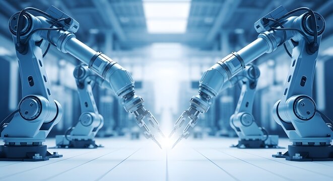 Robotic arms in a factory setting with blue lighting and a symmetrical composition industrial automation