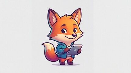 Obraz premium Smiling cartoon fox holds tablet in blue jacket standing alone