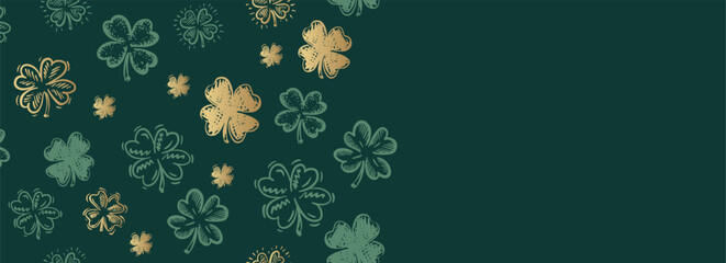 Patricks Day, Gold Clover pattern on green, hand drawn illustrations.	
